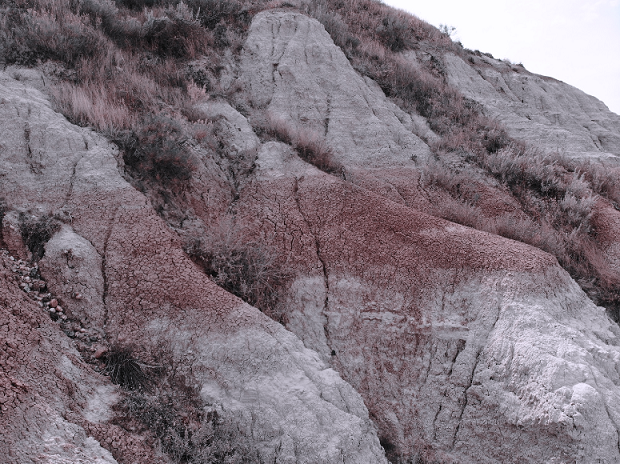 A shot of the Badlands in South Dakota as seen by someone with tritanopia