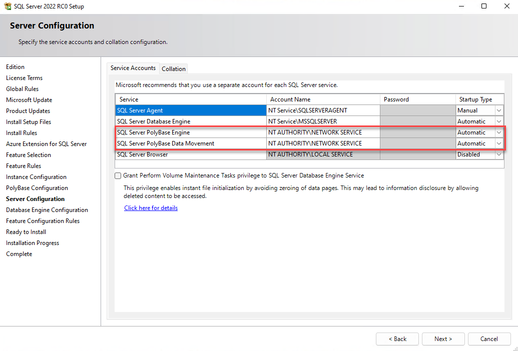 Service selection for SQL Server 2022